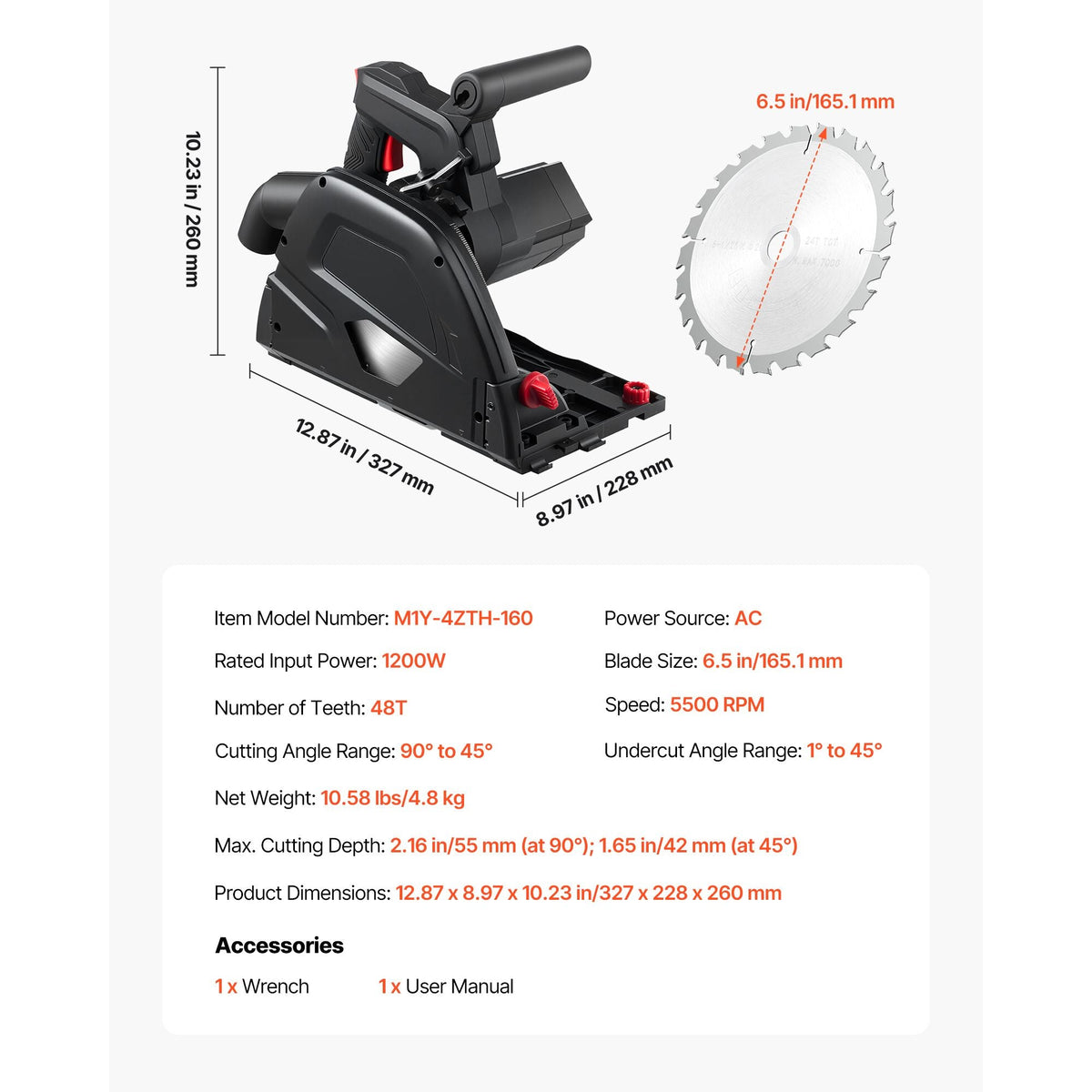 Track Saw, 6-1/2-Inch, Plunge-Cut Circular Saw Kit, Tracksaw with 48-Tooth Carbide-Tipped Blade, 0-45° Angle Adjustment, 2.16 in Cutting Depth, for Wood, Plastic, Guide Rail Not Included, Black