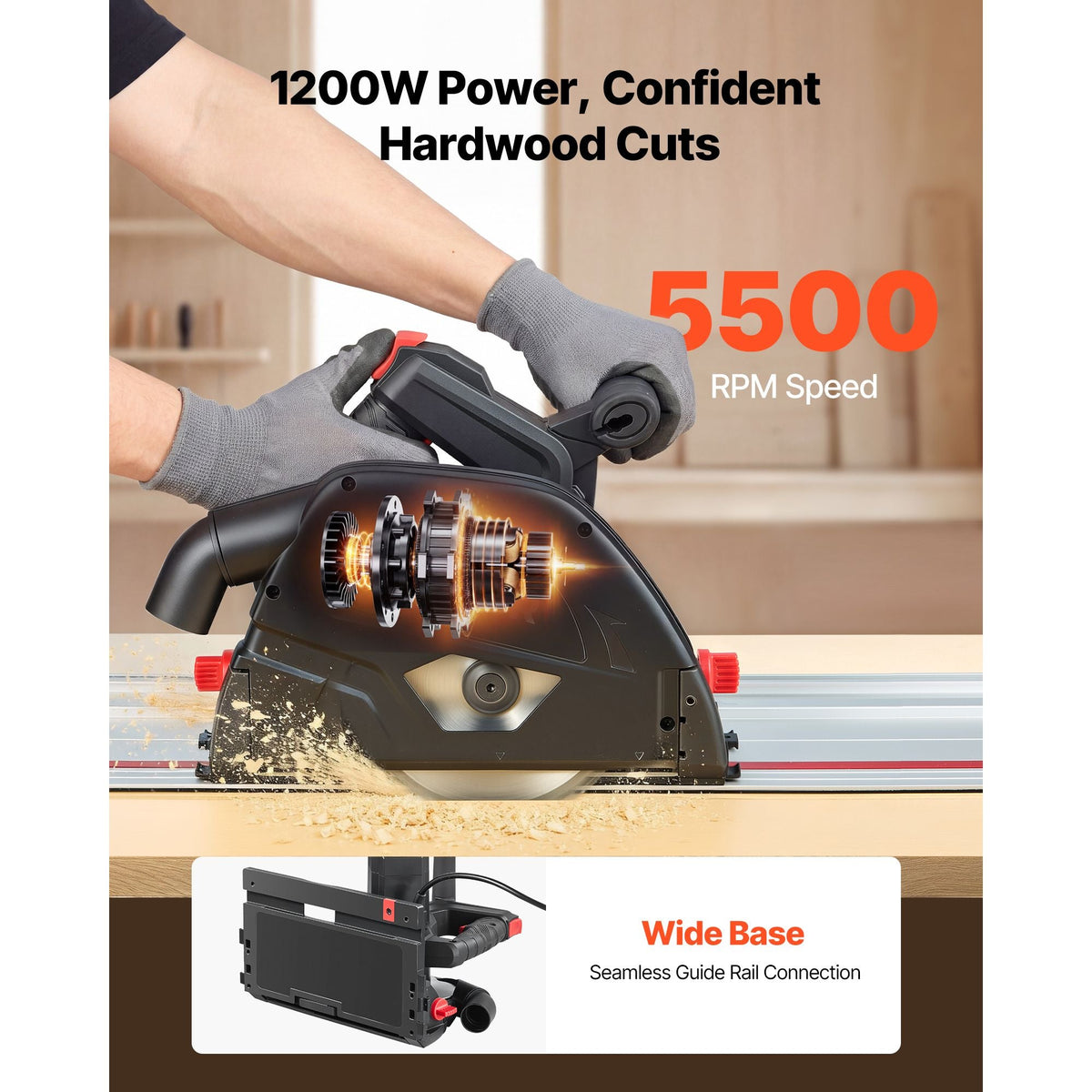 Track Saw, 6-1/2-Inch, Plunge-Cut Circular Saw Kit, Tracksaw with 48-Tooth Carbide-Tipped Blade, 0-45° Angle Adjustment, 2.16 in Cutting Depth, for Wood, Plastic, Guide Rail Not Included, Black