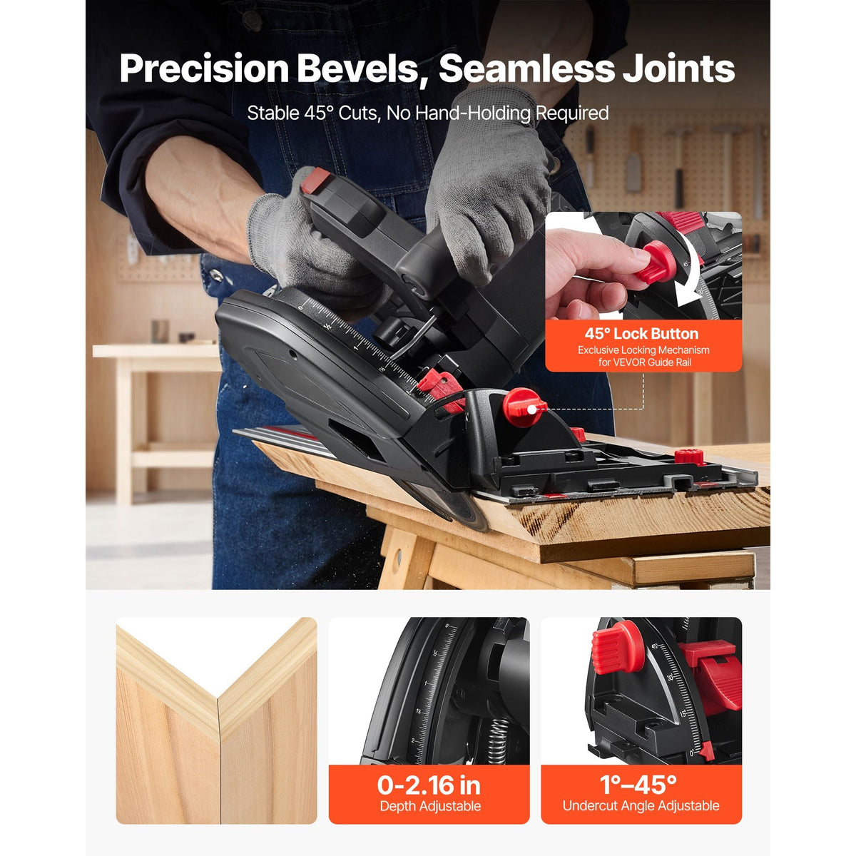 Track Saw, 6-1/2-Inch, Plunge-Cut Circular Saw Kit, Tracksaw with 48-Tooth Carbide-Tipped Blade, 0-45° Angle Adjustment, 2.16 in Cutting Depth, for Wood, Plastic, Guide Rail Not Included, Black