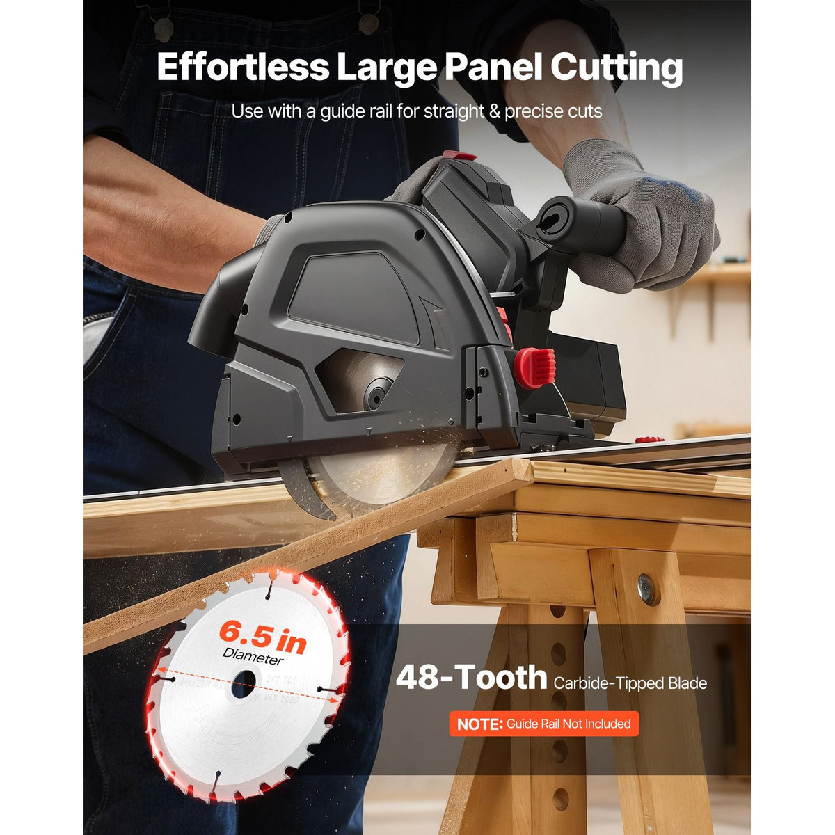 Track Saw, 6-1/2-Inch, Plunge-Cut Circular Saw Kit, Tracksaw with 48-Tooth Carbide-Tipped Blade, 0-45° Angle Adjustment, 2.16 in Cutting Depth, for Wood, Plastic, Guide Rail Not Included, Black