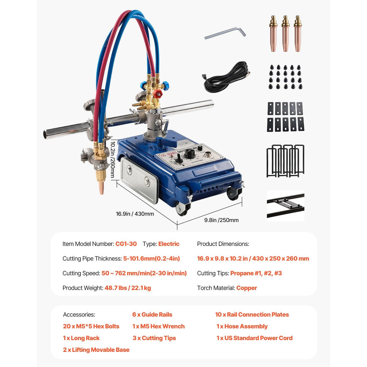 Track Torch Burner, 2"-30"/Min Straight Line Gas Cutting Machine for 0.2"-4" Thick Pipe, with 12-inch Track & 3 Tips, Automatic Flame Cutting Machine, Pipe Beveler Beveling Tool, 110V CG1-30