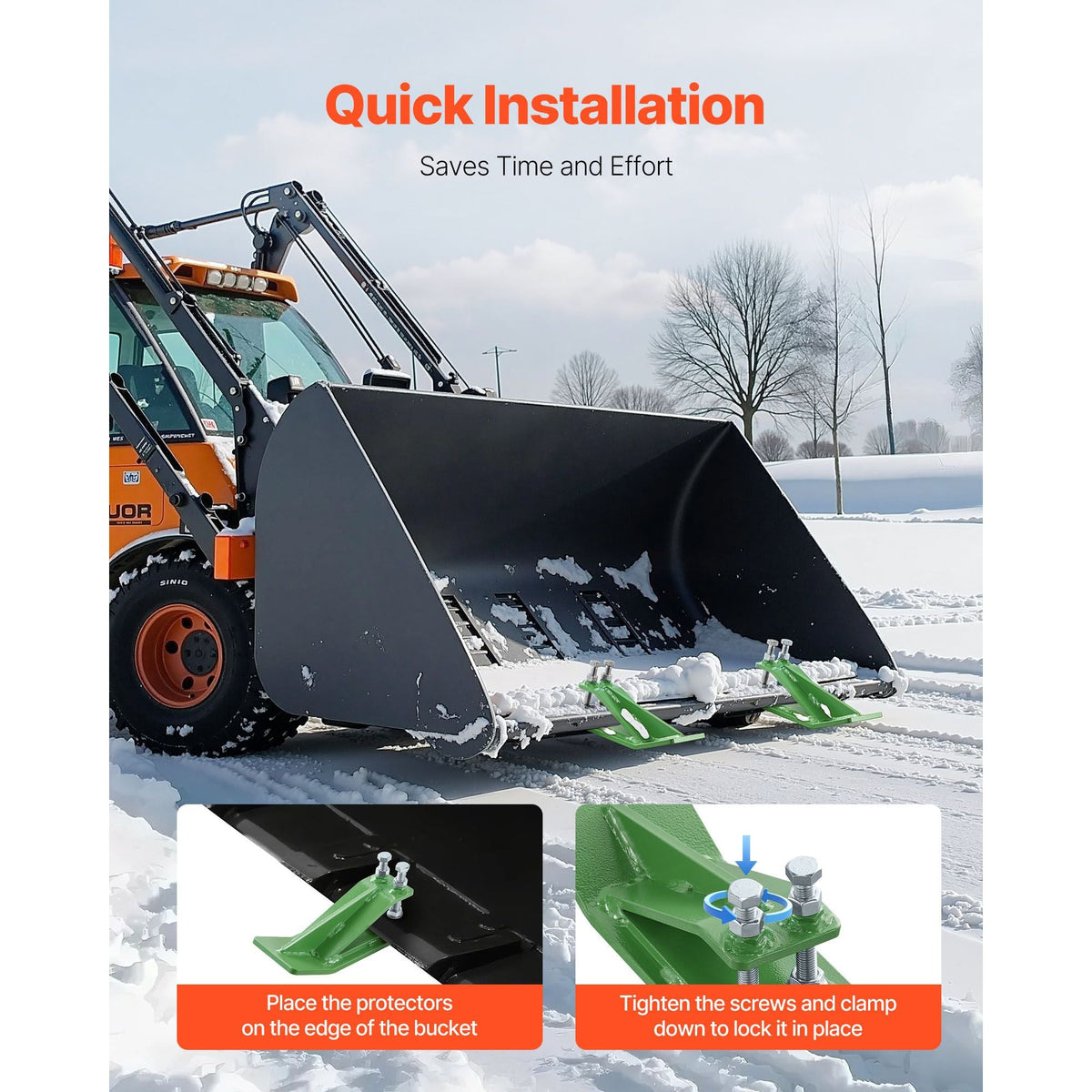 Tractor Bucket Protector, 2PCS Heavy Duty Steel Bucket Edge Protectors, Edge Tamer Anti-Skid Device with Double Hexagon Lock Nuts and Bolts, for Snow, Leave Removal & Spreading Gravel (Green)