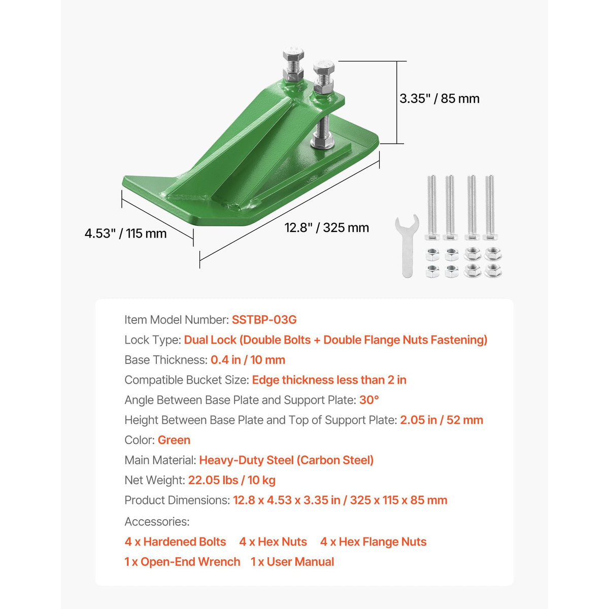 Tractor Bucket Protector, 2PCS Heavy Duty Steel Bucket Edge Protectors, Edge Tamer Anti-Skid Device with Double Hexagon Lock Nuts and Bolts, for Snow, Leave Removal & Spreading Gravel (Green)