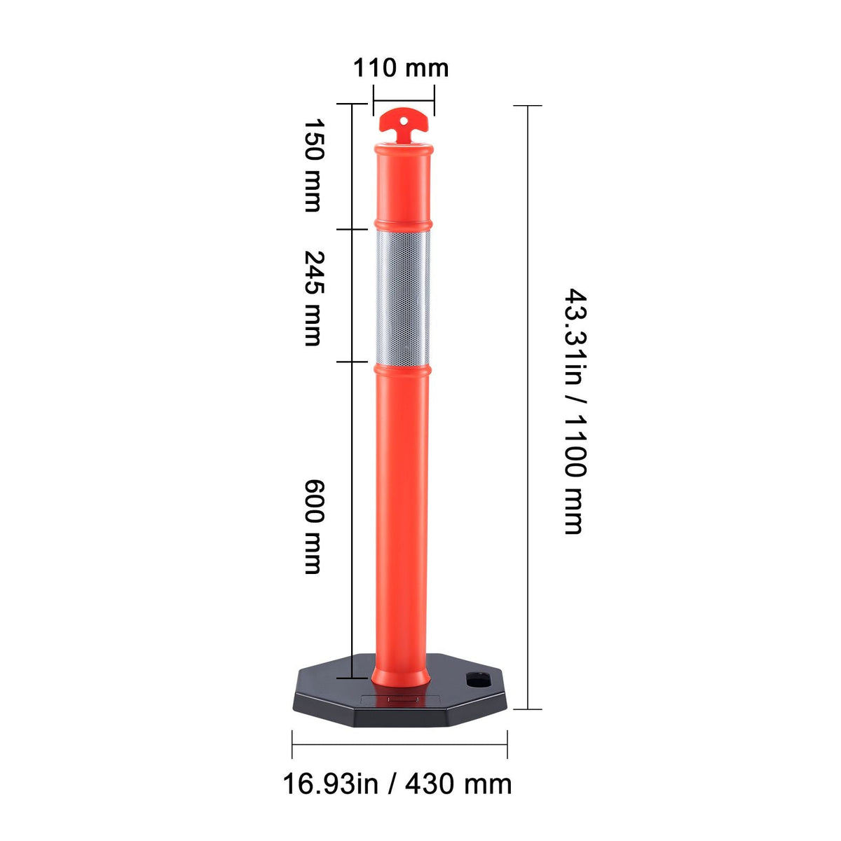 Traffic Delineator Post Cones, 2 Pack, Traffic Safety Delineator Barrier with 16.93 x 16.93 in Rubber Base, for Traffic Control Warning Outdoor Indoor Use Parking Lot Construction Caution Roads