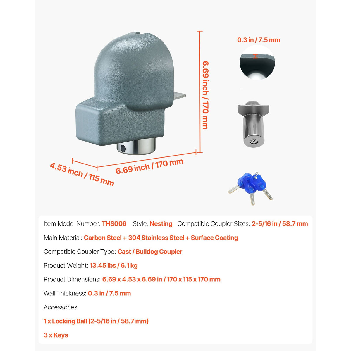 Trailer Coupler Lock, Fits 2-5/16-Inch Cast/Bulldog Trailer Couplers, Heavy Duty Trailer Hitch Lock with 3 Keys, Corrision-resistant, Anti-Theft Coupler Ball Locks for RV, Trailer, Boat, Black