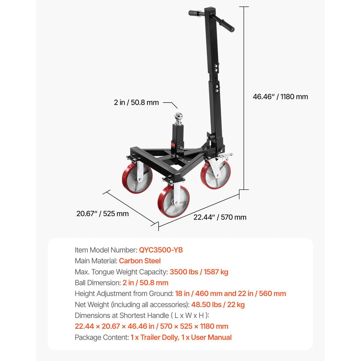Trailer Dolly, 3500lbs Tongue Weight Capacity, 18 inch and 22 inch Height Adjustable Trailer Dolly, with 2 inch Hitch Ball, Adjustable Handle Length, 8-inch Swivel Wheels, for Moving RV Trailer