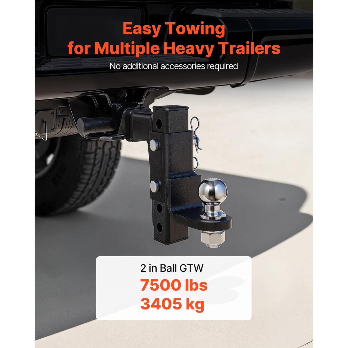 Trailer Hitch Ball Mount, Fit 2-Inch Receiver, Adjustable Trailer Hitch with 2 Inch Ball & Pin, 7500 lbs GTW, 9.5 Inch Drop, Towing Ball Mounts for RVs, Off-Road Vehicles and Trucks, Black