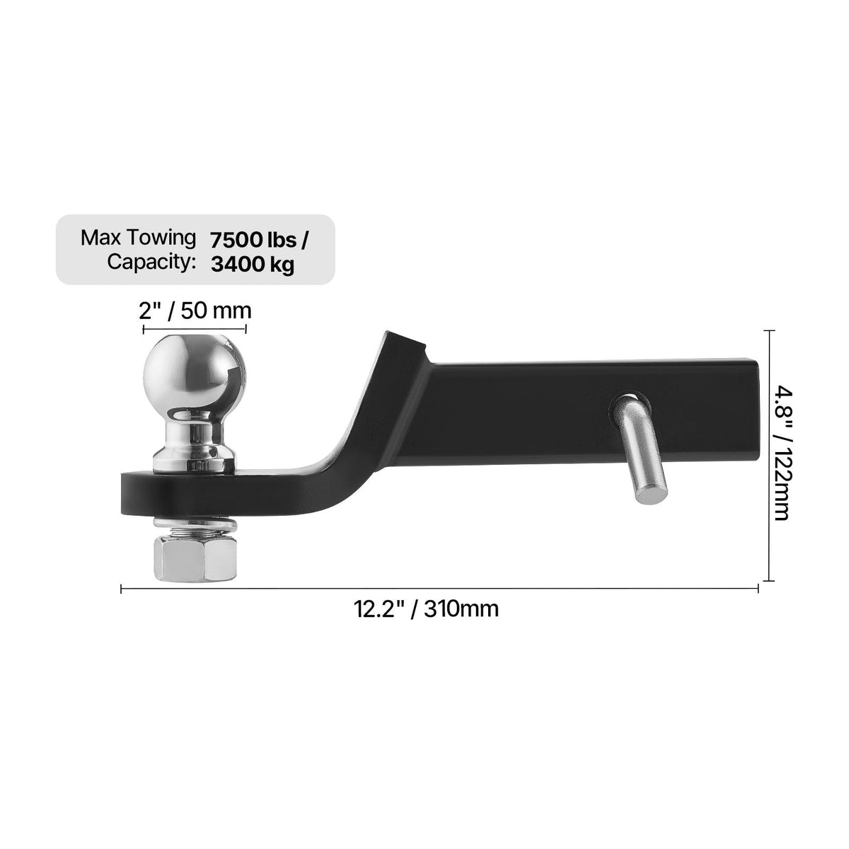 Trailer Hitch, Fits 2 Inches Receiver, Trailer Hitch Ball Mount with 2 Inches Ball and Pin, 7500 lbs Capacity Ball Hitch, 2 Inches Drop, Tow Hitch for Heavy Duty Truck with Carbon Steel, Black
