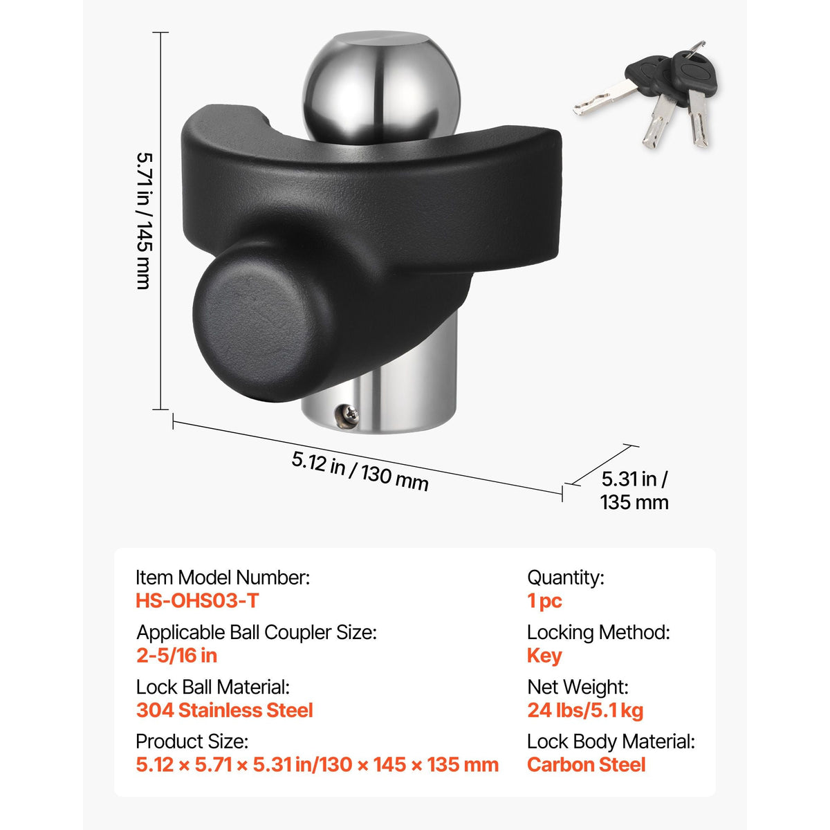 Trailer Hitch Lock, Compatible with 2-5/16 in Couplers, Heavy-Duty Anti-Theft Trailer Ball Lock with 3 Keys, Prying-Resistant & Impact-Resistant, Fits for RVs, Boats, Off-Road Vehicles, Trailers