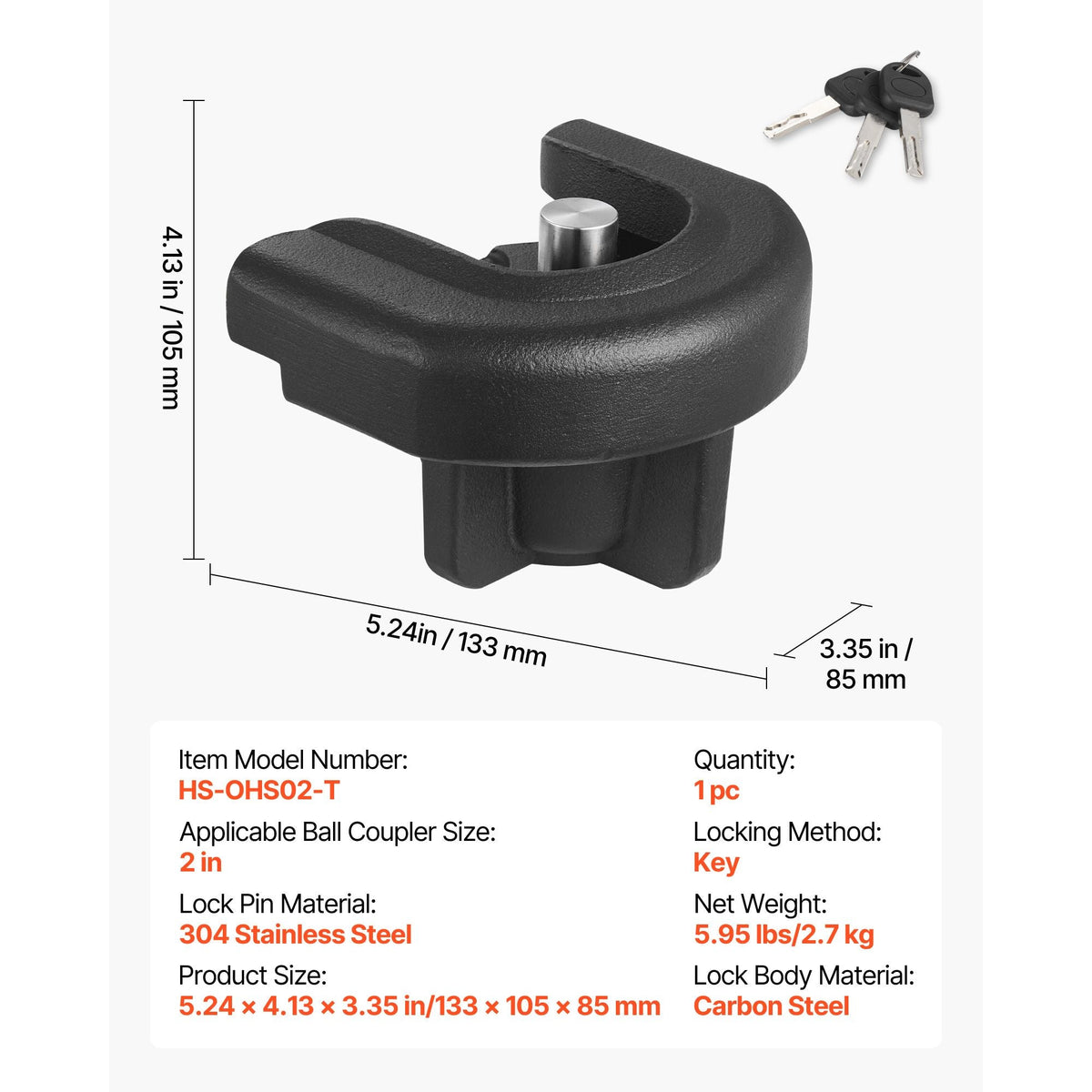 Trailer Hitch Lock, Compatible with 2 Inch Couplers, Heavy-Duty Anti-Theft Trailer Ball Lock with 3 Keys, Prying-Resistant & Impact-Resistant, Fits for RVs, Boats, Off-Road Vehicles, Trailers