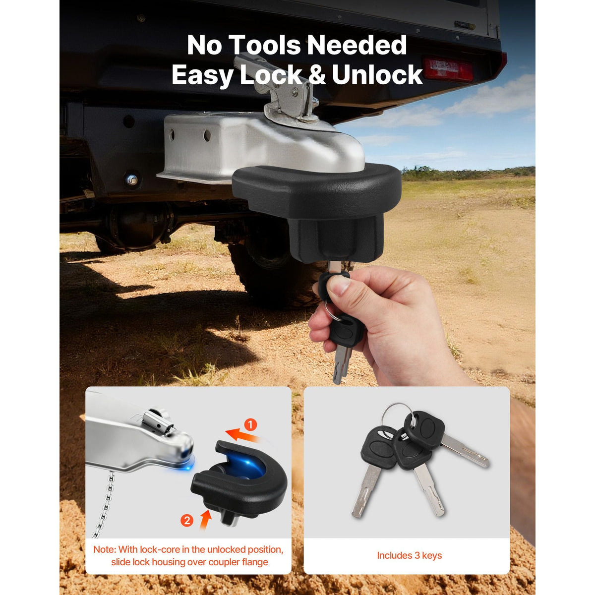 Trailer Hitch Lock, Compatible with 2 Inch Couplers, Heavy-Duty Anti-Theft Trailer Ball Lock with 3 Keys, Prying-Resistant & Impact-Resistant, Fits for RVs, Boats, Off-Road Vehicles, Trailers