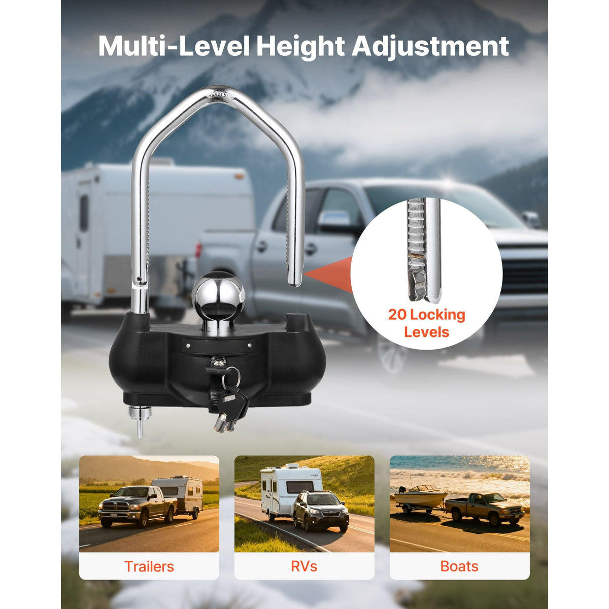 Trailer Hitch Lock, Fits for 1-7/8 in, 2 in, 2-5/16 in Couplers, Heavy-Duty Anti-Theft Trailer Ball Lock with 3 Keys, Prying-Resistant, Adjustable Height Design for RVs, Boats, Trailers, Black