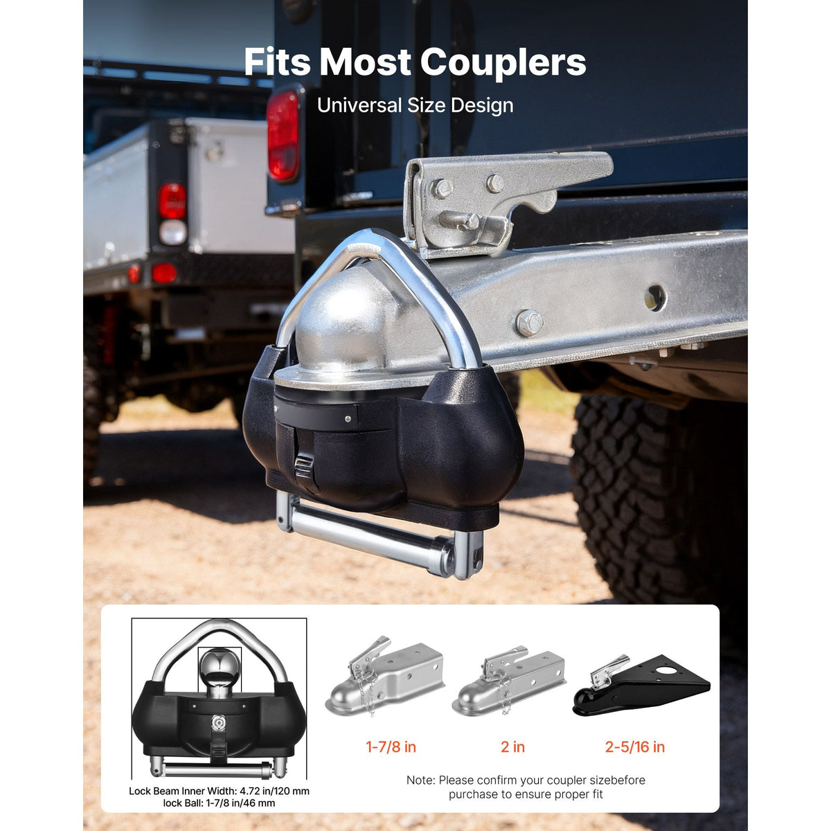 Trailer Hitch Lock, Fits for 1-7/8 in, 2 in, 2-5/16 in Couplers, Heavy-Duty Anti-Theft Trailer Ball Lock with 3 Keys, Prying-Resistant, Adjustable Height Design for RVs, Boats, Trailers, Black