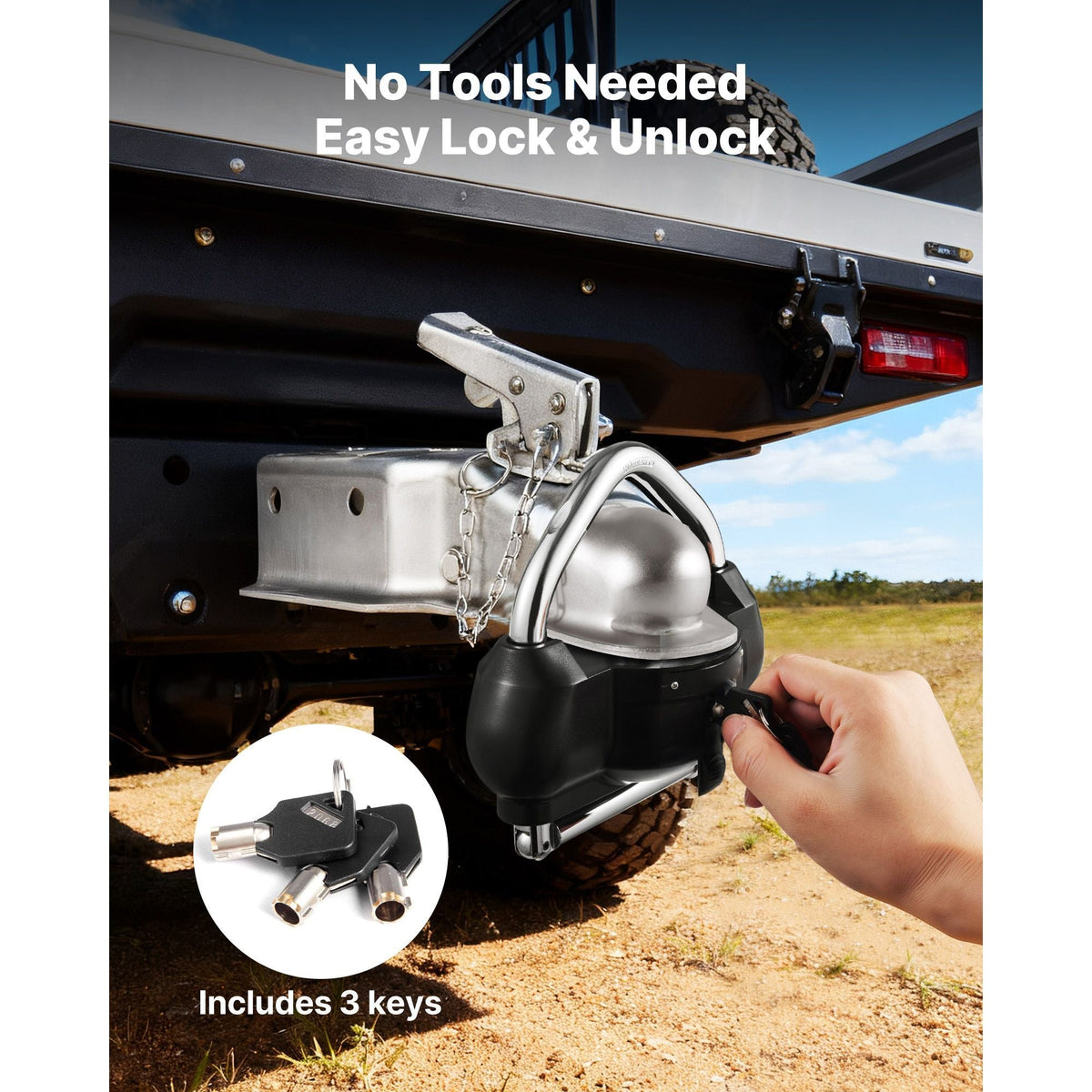Trailer Hitch Lock, Fits for 1-7/8 in, 2 in, 2-5/16 in Couplers, Heavy-Duty Anti-Theft Trailer Ball Lock with 3 Keys, Prying-Resistant, Adjustable Height Design for RVs, Boats, Trailers, Black