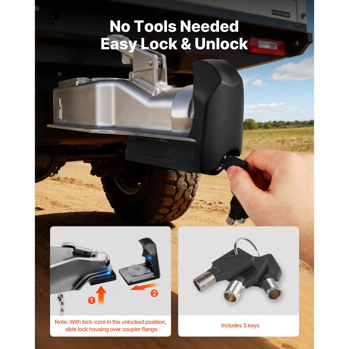 Trailer Hitch Lock, Fits for 1-7/8 in, 2 in, 2-5/16 in Couplers, Heavy-Duty Anti-Theft Trailer Ball Lock with 3 Keys, Prying-Resistant & Impact-Resistant, Fits for RVs, Boats, Trailers, Black