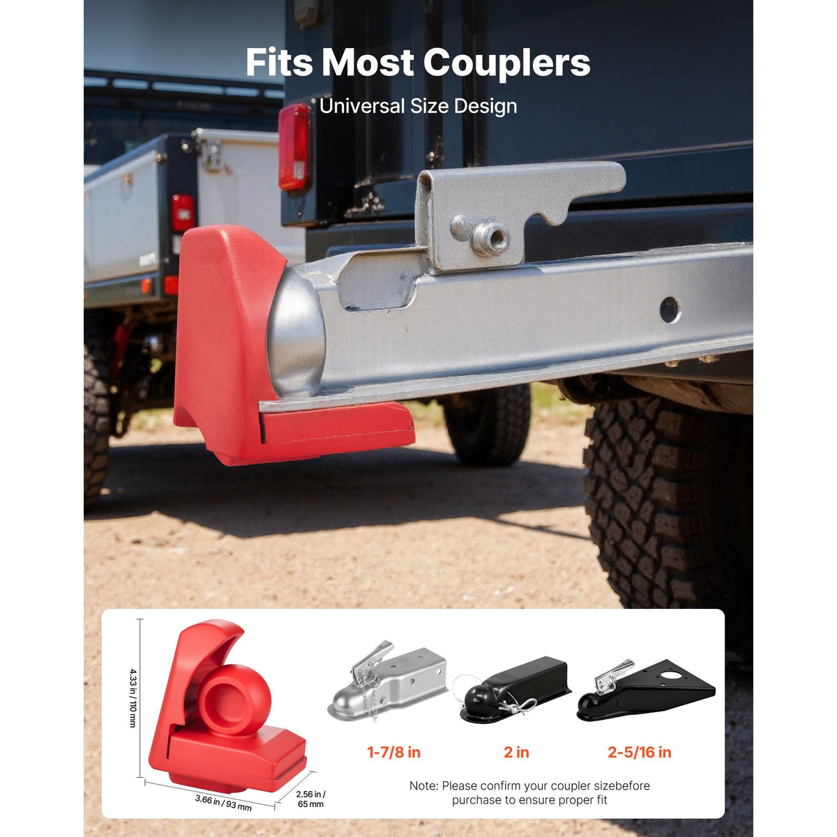 Trailer Hitch Lock, Fits for 1-7/8 in, 2 in, 2-5/16 in Couplers, Heavy-Duty Anti-Theft Trailer Ball Lock with 3 Keys, Prying-Resistant & Impact-Resistant, Fits for RVs, Boats, Trailers, Red