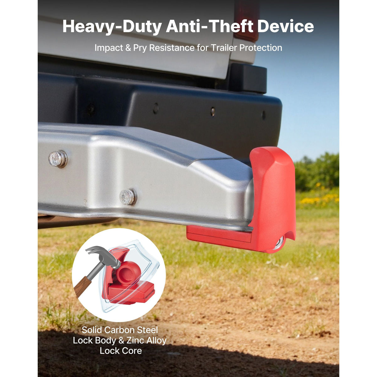 Trailer Hitch Lock, Fits for 1-7/8 in, 2 in, 2-5/16 in Couplers, Heavy-Duty Anti-Theft Trailer Ball Lock with 3 Keys, Prying-Resistant & Impact-Resistant, Fits for RVs, Boats, Trailers, Red