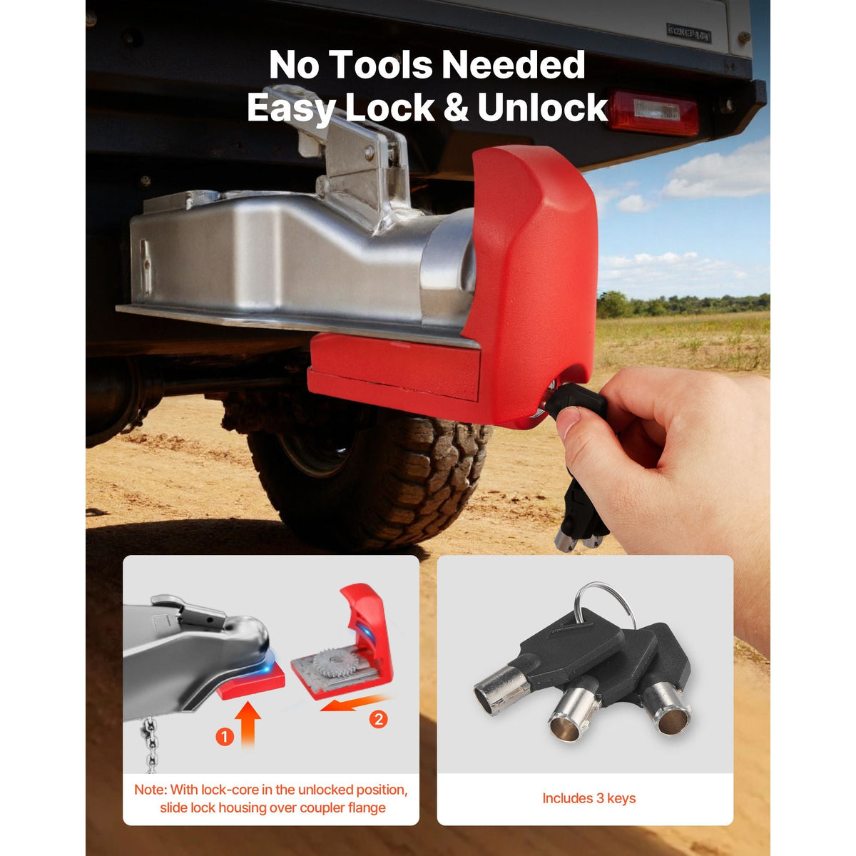 Trailer Hitch Lock, Fits for 1-7/8 in, 2 in, 2-5/16 in Couplers, Heavy-Duty Anti-Theft Trailer Ball Lock with 3 Keys, Prying-Resistant & Impact-Resistant, Fits for RVs, Boats, Trailers, Red
