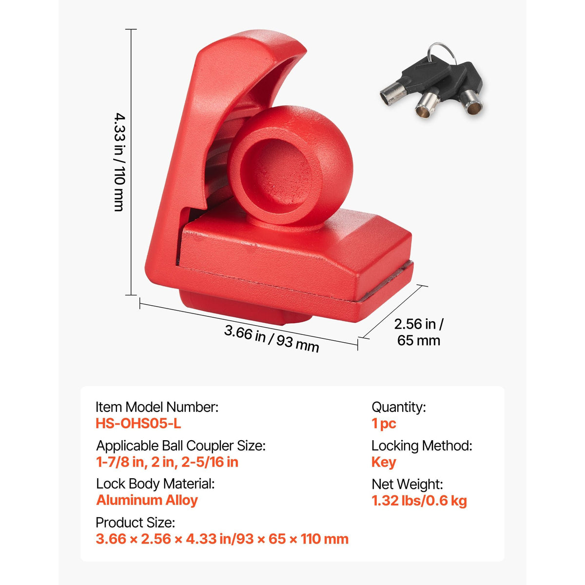 Trailer Hitch Lock, Fits for 1-7/8 in, 2 in, 2-5/16 in Couplers, Heavy-Duty Anti-Theft Trailer Ball Lock with 3 Keys, Prying-Resistant & Impact-Resistant, Fits for RVs, Boats, Trailers, Red