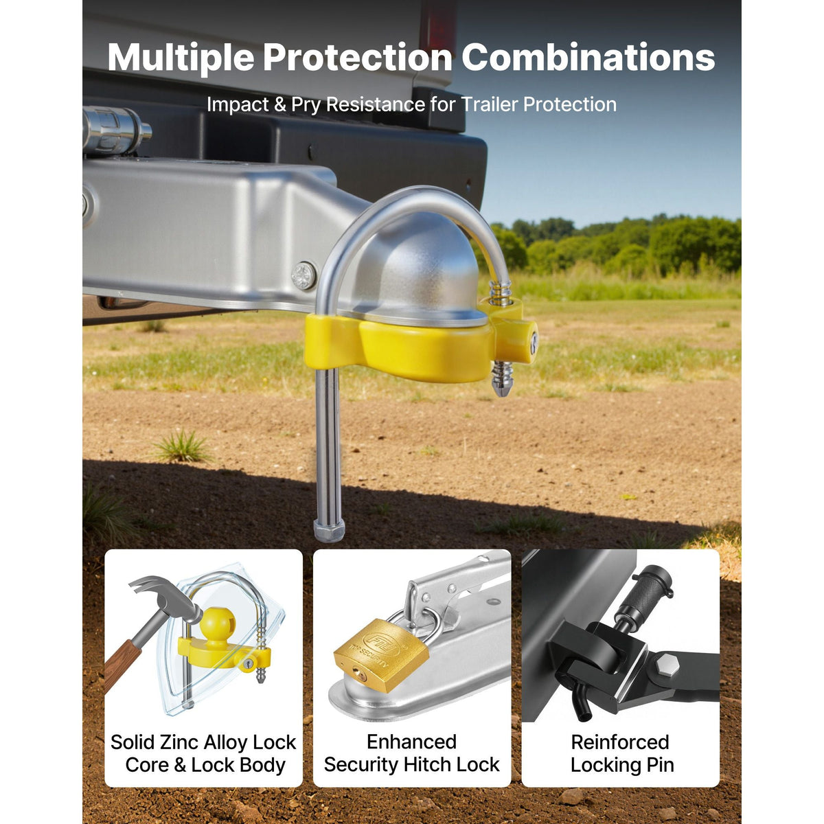 Trailer Hitch Lock Kit, Fits for 1-7/8 in, 2 in, 2-5/16 in Couplers, Heavy-Duty Anti-Theft Trailer Ball Lock with Keys, Prying-Resistant, Adjustable Height Design for RVs, Boats, Trailers