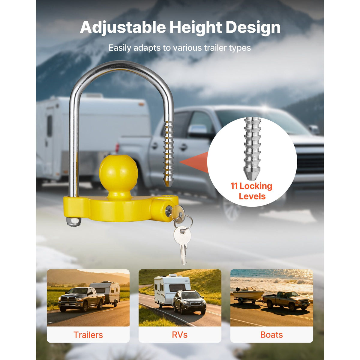 Trailer Hitch Lock Kit, Fits for 1-7/8 in, 2 in, 2-5/16 in Couplers, Heavy-Duty Anti-Theft Trailer Ball Lock with Keys, Prying-Resistant, Adjustable Height Design for RVs, Boats, Trailers