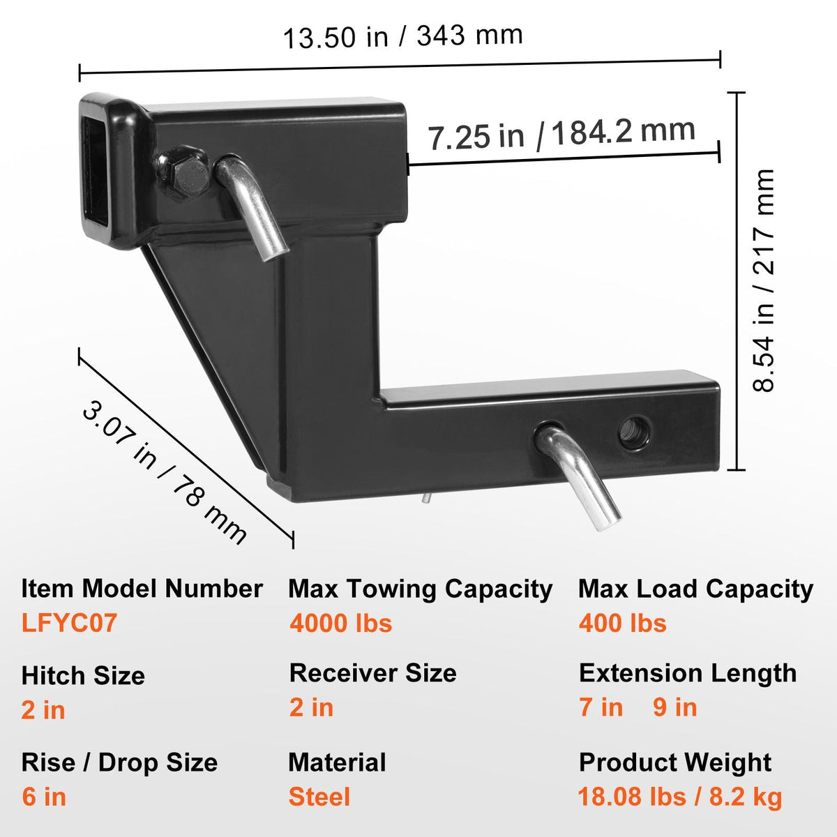 Trailer Hitch Riser, for 2" Receiver with 6" Rise/Drop, Trailer Receiver Hitch Extender Extension Adapter, 7" and 9" Extension Length, 4000 lbs Max Towing Capacity, Hitch Pins Included, Black