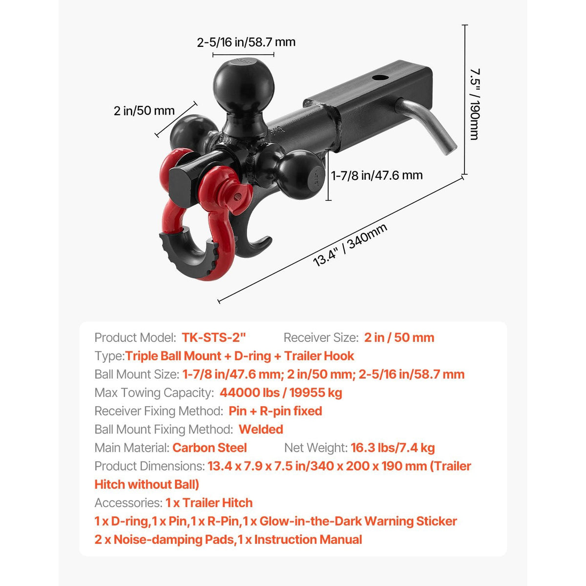 Trailer Hitch, Tri-Ball Mount with Hook & D-ring, Trailer Ball Size 1-7/8", 2" & 2-5/16", Fit 2-Inch Hitch Receiver, Max 44000 lbs Ball Hitch, Towing Hitch for RVs, SUVs, ATVs, and Trucks, Black