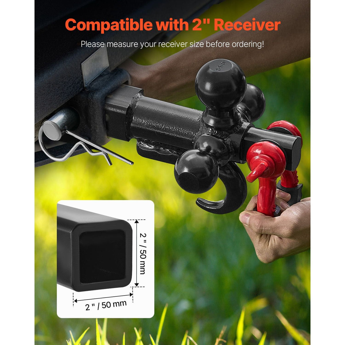 Trailer Hitch, Tri-Ball Mount with Hook & D-ring, Trailer Ball Size 1-7/8", 2" & 2-5/16", Fit 2-Inch Hitch Receiver, Max 44000 lbs Ball Hitch, Towing Hitch for RVs, SUVs, ATVs, and Trucks, Black