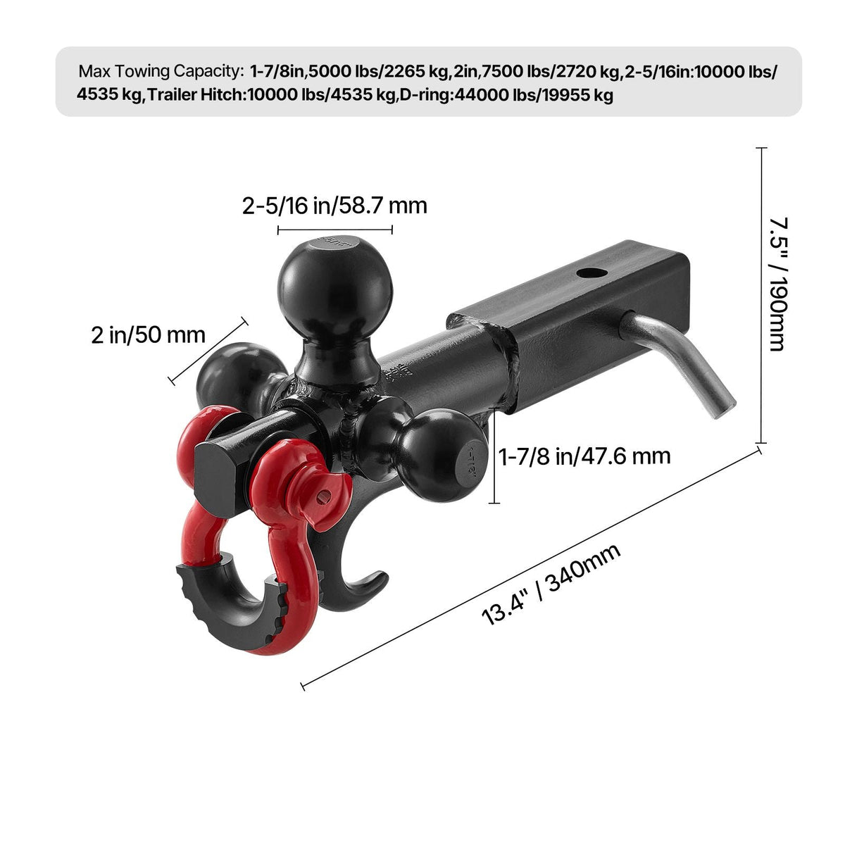Trailer Hitch, Tri-Ball Mount with Hook & D-ring, Trailer Ball Size 1-7/8", 2" & 2-5/16", Fit 2-Inch Hitch Receiver, Max 44000 lbs Ball Hitch, Towing Hitch for RVs, SUVs, ATVs, and Trucks, Black