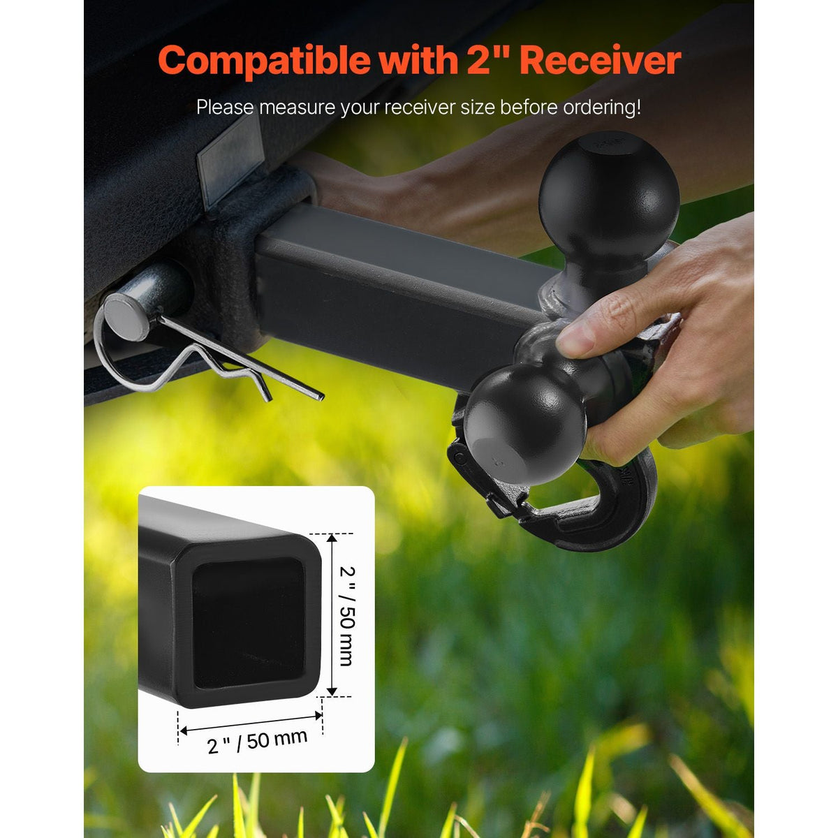 Trailer Hitch, Tri-Ball Mount with Hook & Pin, Trailer Ball Size 1-7/8", 2" and 2-5/16", Fit 2-Inch Hitch Receiver, Max 10,000 lbs Ball Hitch, Towing Hitch for RVs, SUVs, ATVs, and Trucks, Black