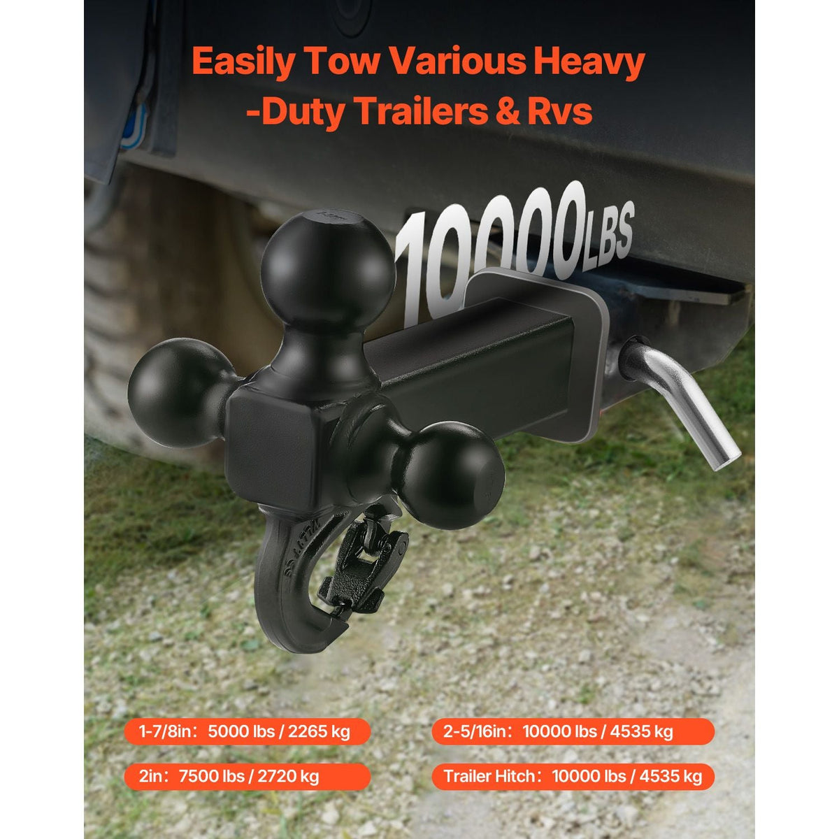 Trailer Hitch, Tri-Ball Mount with Hook & Pin, Trailer Ball Size 1-7/8", 2" and 2-5/16", Fit 2-Inch Hitch Receiver, Max 10,000 lbs Ball Hitch, Towing Hitch for RVs, SUVs, ATVs, and Trucks, Black