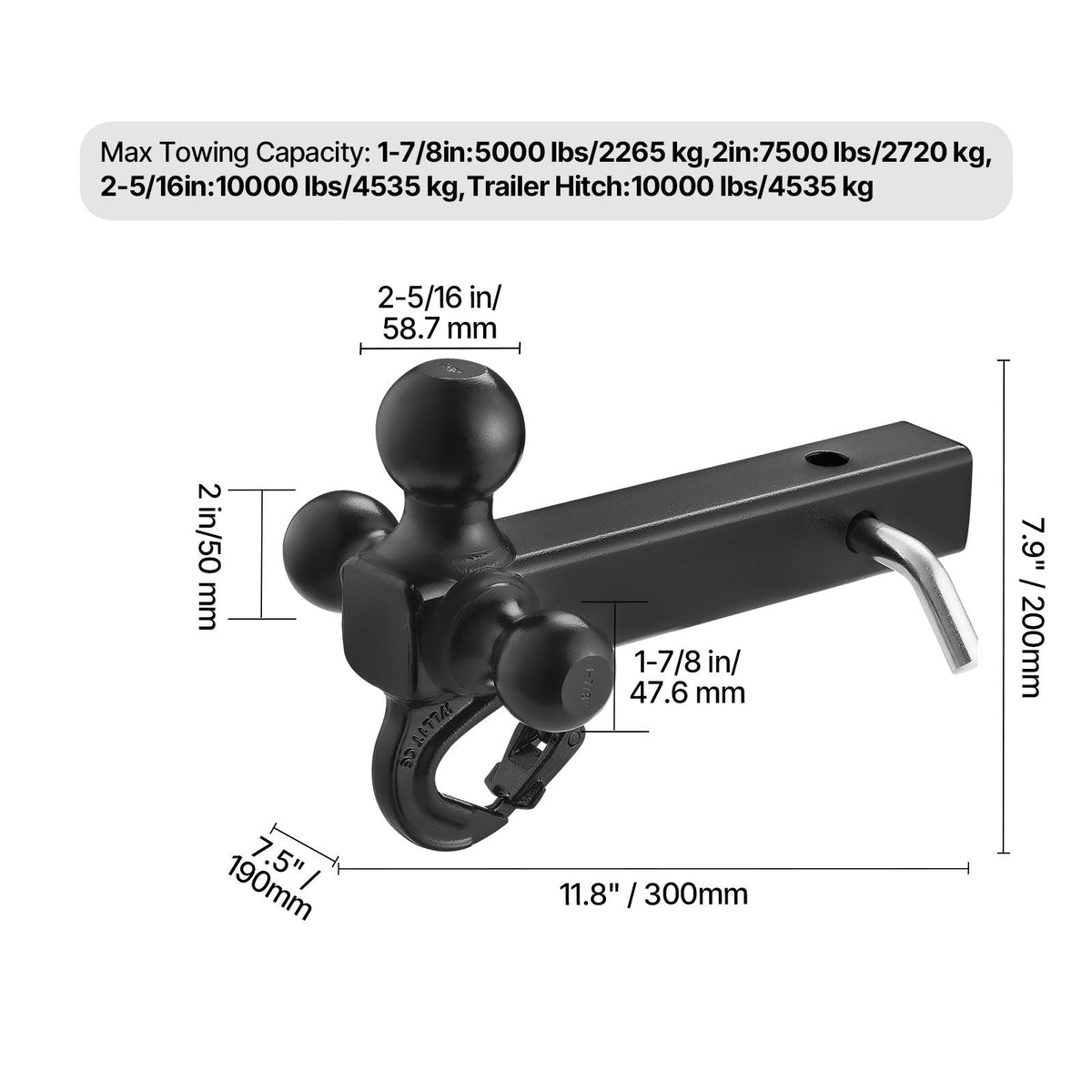 Trailer Hitch, Tri-Ball Mount with Hook & Pin, Trailer Ball Size 1-7/8", 2" and 2-5/16", Fit 2-Inch Hitch Receiver, Max 10,000 lbs Ball Hitch, Towing Hitch for RVs, SUVs, ATVs, and Trucks, Black