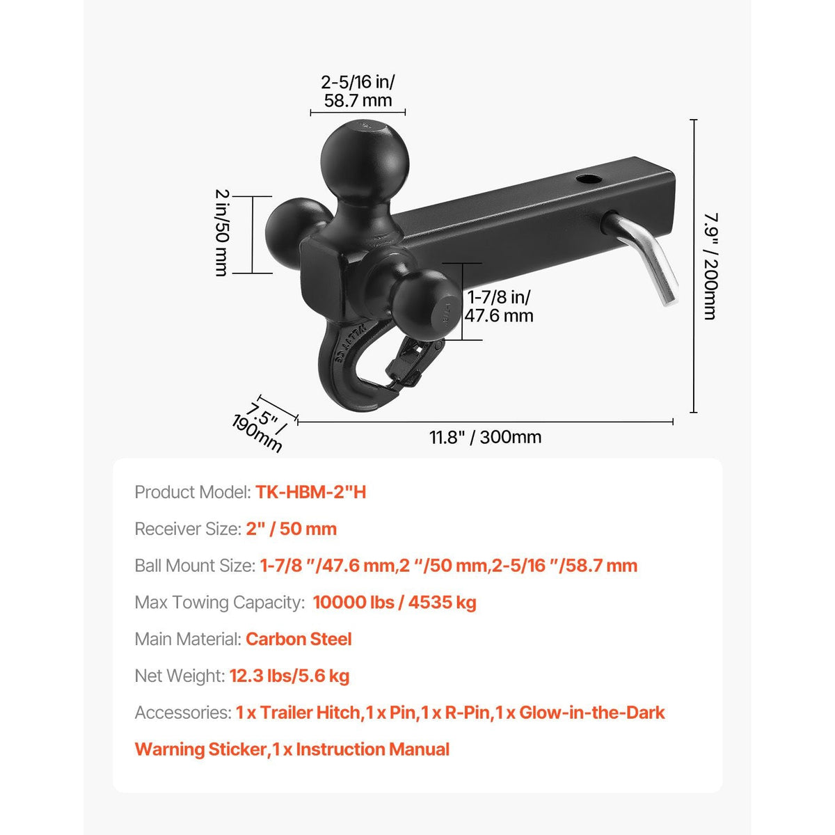 Trailer Hitch, Tri-Ball Mount with Hook & Pin, Trailer Ball Size 1-7/8", 2" and 2-5/16", Fit 2-Inch Hitch Receiver, Max 10,000 lbs Ball Hitch, Towing Hitch for RVs, SUVs, ATVs, and Trucks, Black