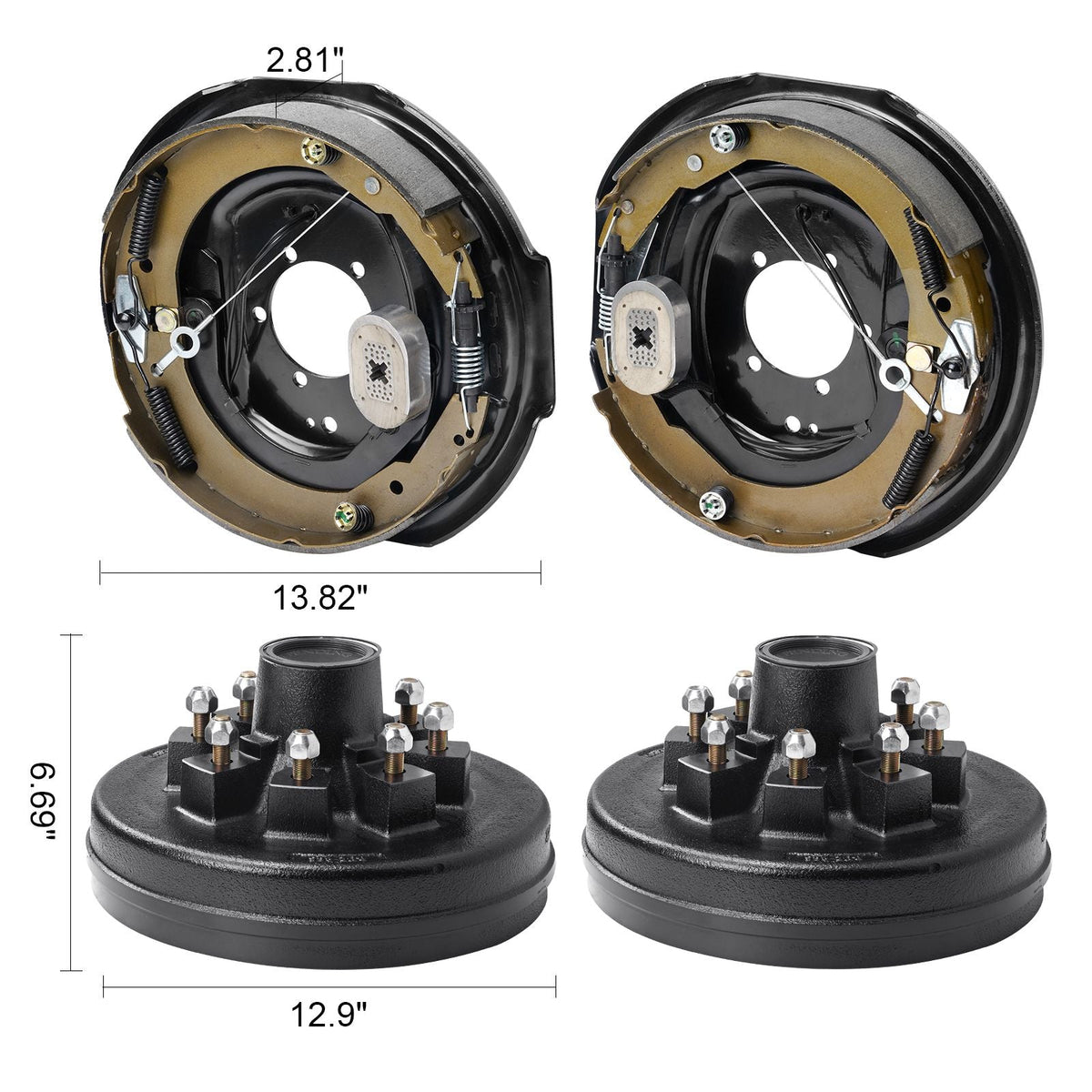 Trailer Hub Drum Kits 8 on 6.5" B.C. with 12" x 2" Electric Brakes, Self-Adjusting Trailer Brake Assembly for 7000 lbs Axle, 5-Hole Mounting, Backing Plates for Brake System Part Replacement