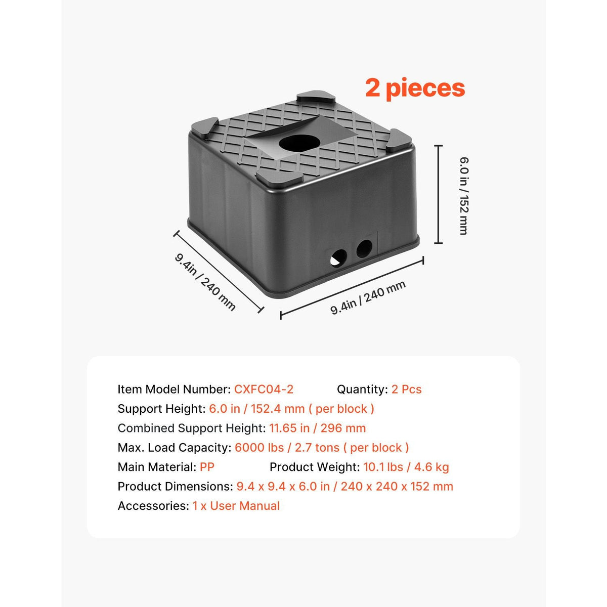 Trailer Jack Blocks, 6" High Heavy Duty RV Leveling Blocks, Each with 6000 lbs Capacity, as RV Jack Stand, Stool, Camper Accessories, for Travel Trailers, 5th Wheels Class A/C Motorhomes, 2 Pcs