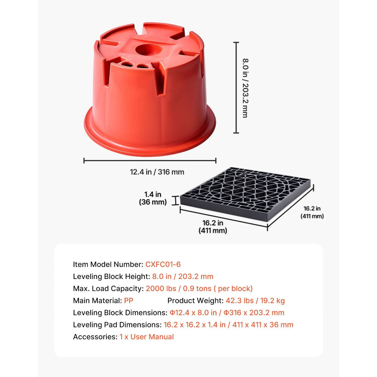 Trailer Jack Blocks, 8" High, 2000 lbs Capacity, 8 Pcs Heavy Duty Camper Leveler Kit - 6 RV Leveling Blocks & 2 Pads, Camper Accessories for Travel Trailers, 5th Wheels Class A/C Motorhomes