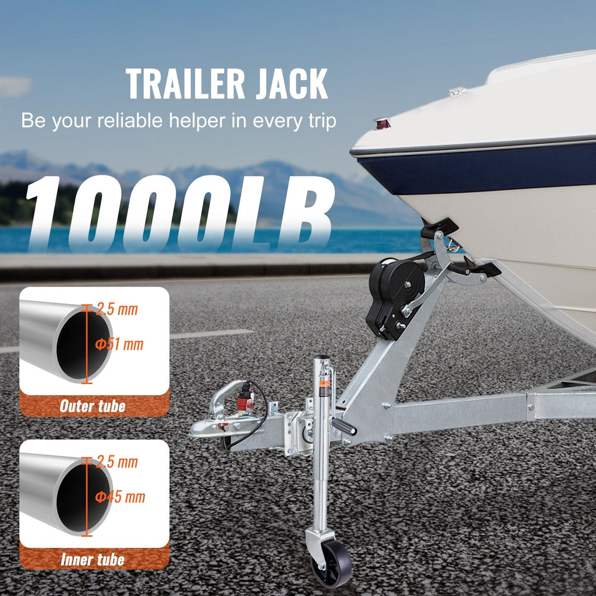 Trailer Jack, Boat Trailer Jack 32.8 in, Bolt-on Trailer Tongue Jack Weight Capacity 1000 lb, with PP Wheel and Handle for lifting RV Trailer, Horse Trailer, Utility Trailer, Yacht Trailer