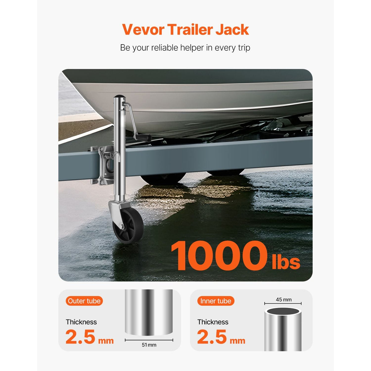 Trailer Jack with Wheel, 1000 lbs Load Capacity, Heavy Duty Swivel Boat Trailer Jack with PP Single Wheel & Ergonomic Handle, 10-inch Lift, Fit for RVs, Boats, Horse Trailers, Utility Trailers