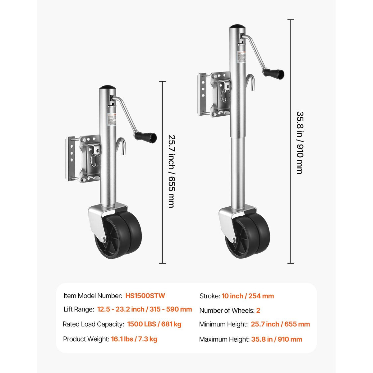 Trailer Jack with Wheel, 1500 lbs Load Capacity, Heavy Duty Swivel Boat Trailer Jack with PP Single Wheel & Ergonomic Handle, 12-inch Lift, Fit for RVs, Boats, Horse Trailers, Utility Trailers
