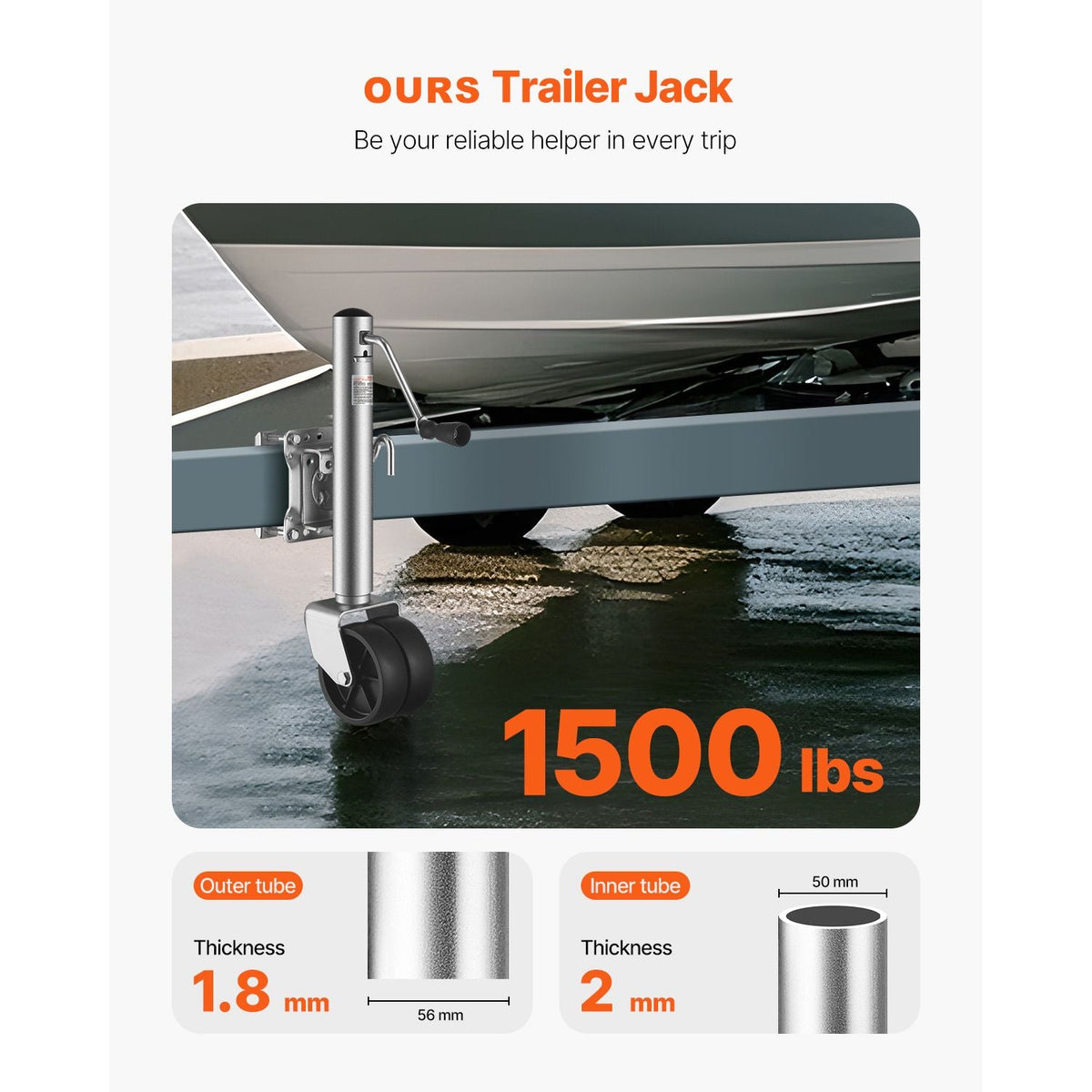 Trailer Jack with Wheel, 1500 lbs Load Capacity, Heavy Duty Swivel Boat Trailer Jack with PP Single Wheel & Ergonomic Handle, 12-inch Lift, Fit for RVs, Boats, Horse Trailers, Utility Trailers
