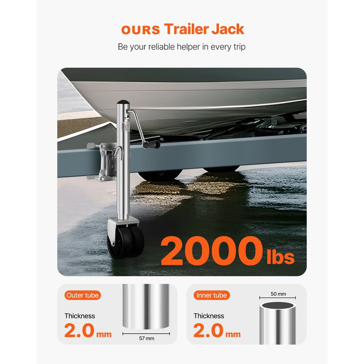 Trailer Jack with Wheel, 2000 lbs Load Capacity, Heavy Duty Swivel Boat Trailer Jack with PP Single Wheel & Ergonomic Handle, 12-inch Lift, Fit for RVs, Boats, Horse Trailers, Utility Trailers