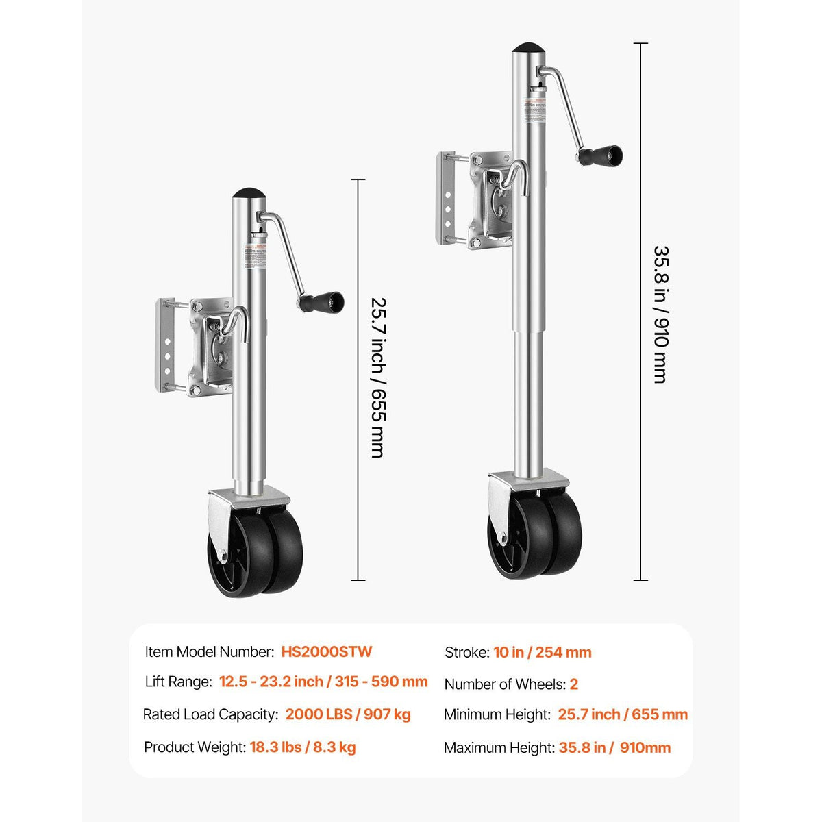 Trailer Jack with Wheel, 2000 lbs Load Capacity, Heavy Duty Swivel Boat Trailer Jack with PP Single Wheel & Ergonomic Handle, 12-inch Lift, Fit for RVs, Boats, Horse Trailers, Utility Trailers