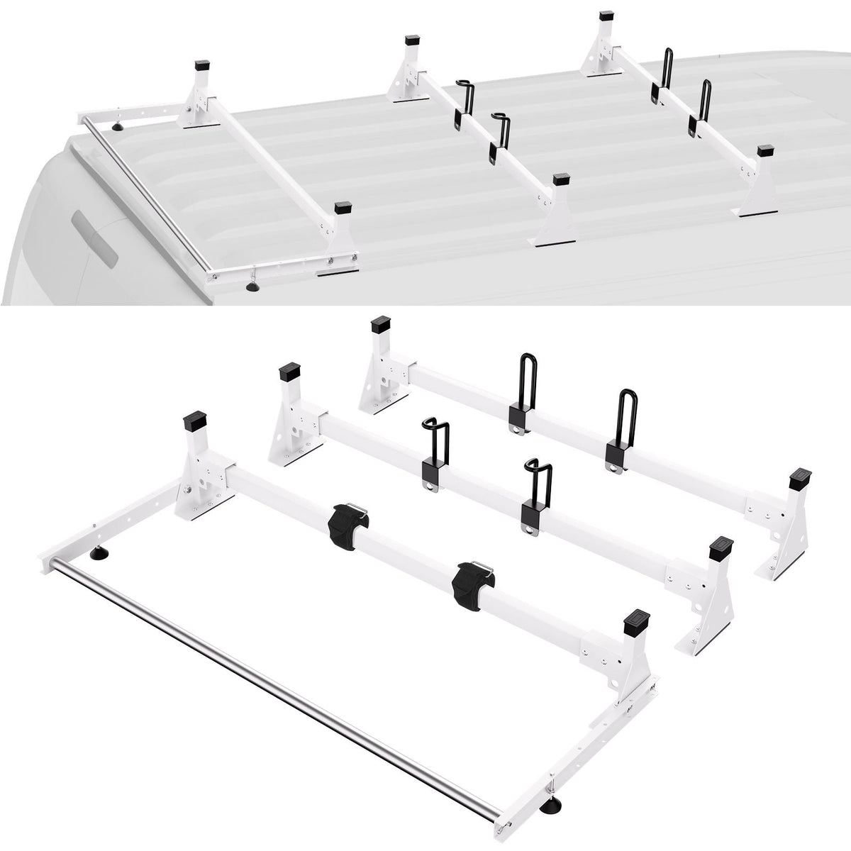 Trailer Ladder Rack, 54" 3 Crossbars Ladder Roof Rack, Heavy-duty Steel Van Roof Rack, 800 lbs Capacity Van Ladder Rack with Cargo Roller and Straps, Fit for Ford Transit 150 250 350, 2015-2022