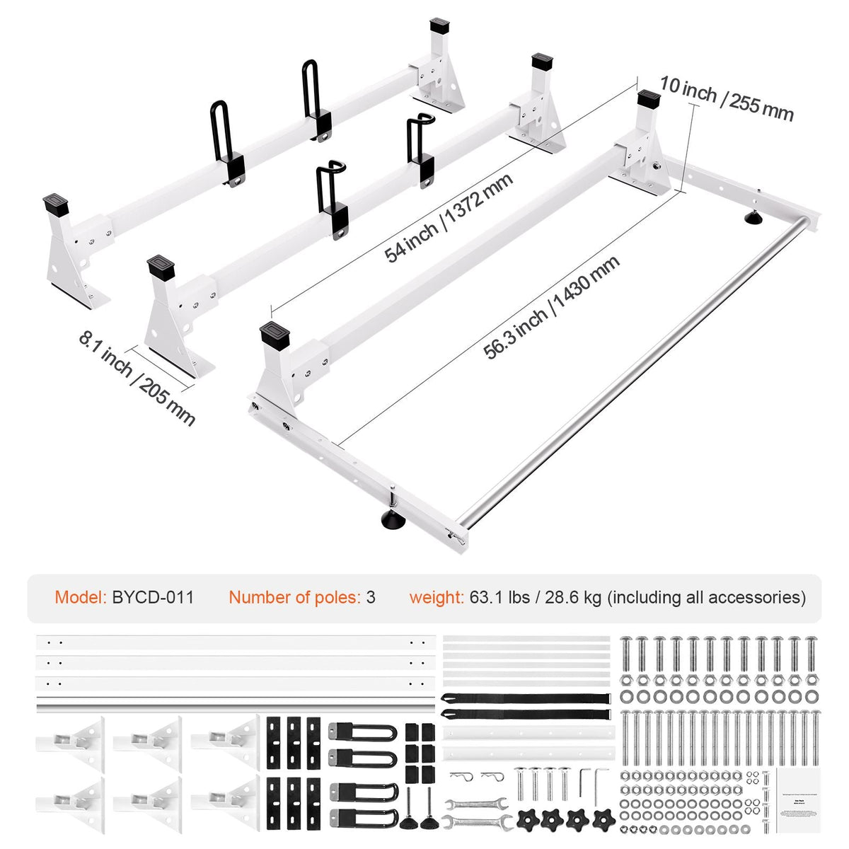 Trailer Ladder Rack, 54" 3 Crossbars Ladder Roof Rack, Heavy-duty Steel Van Roof Rack, 800 lbs Capacity Van Ladder Rack with Cargo Roller and Straps, Fit for Ford Transit 150 250 350, 2015-2022