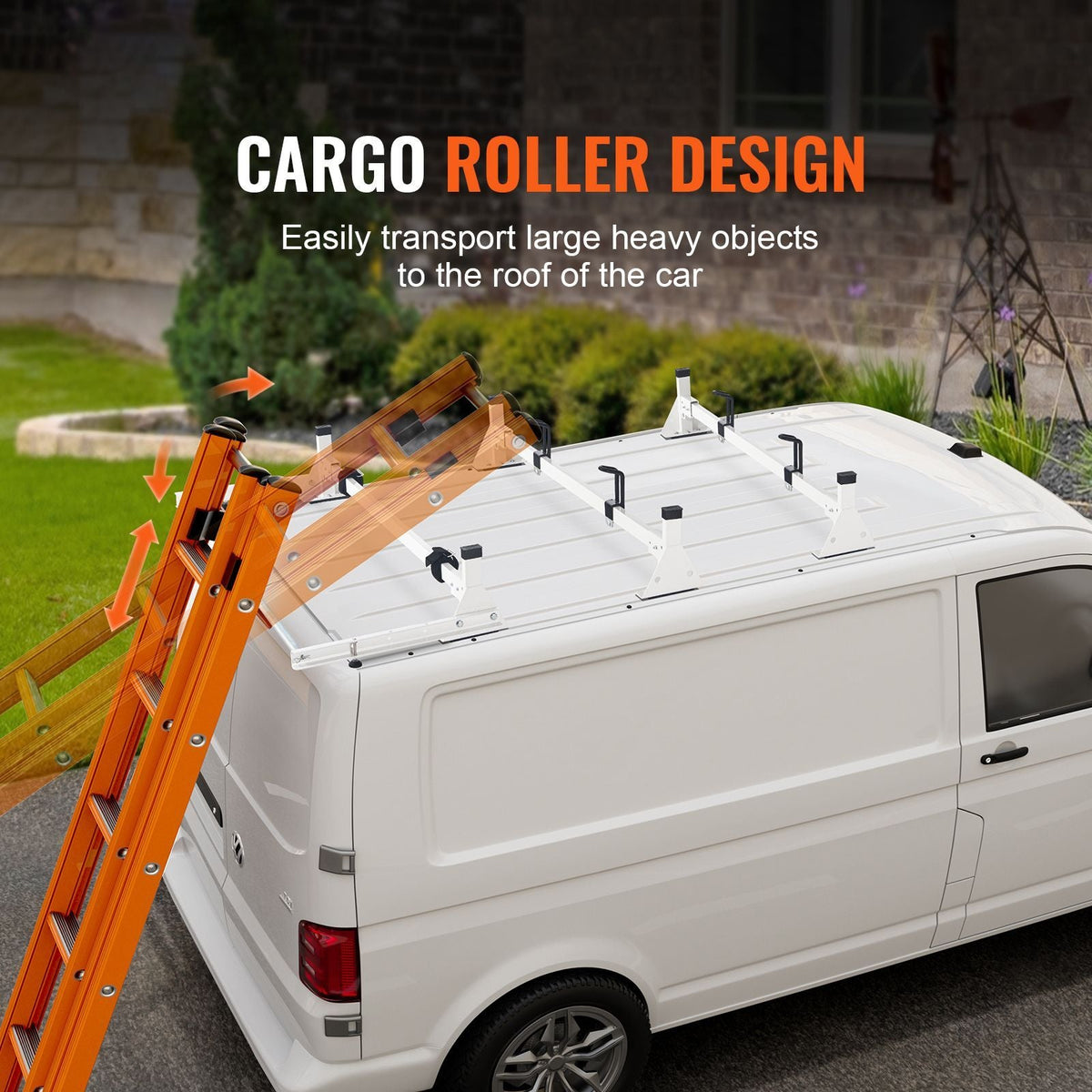 Trailer Ladder Rack, 54" 3 Crossbars Ladder Roof Rack, Heavy-duty Steel Van Roof Rack, 800 lbs Capacity Van Ladder Rack with Cargo Roller and Straps, Fit for Ford Transit 150 250 350, 2015-2022