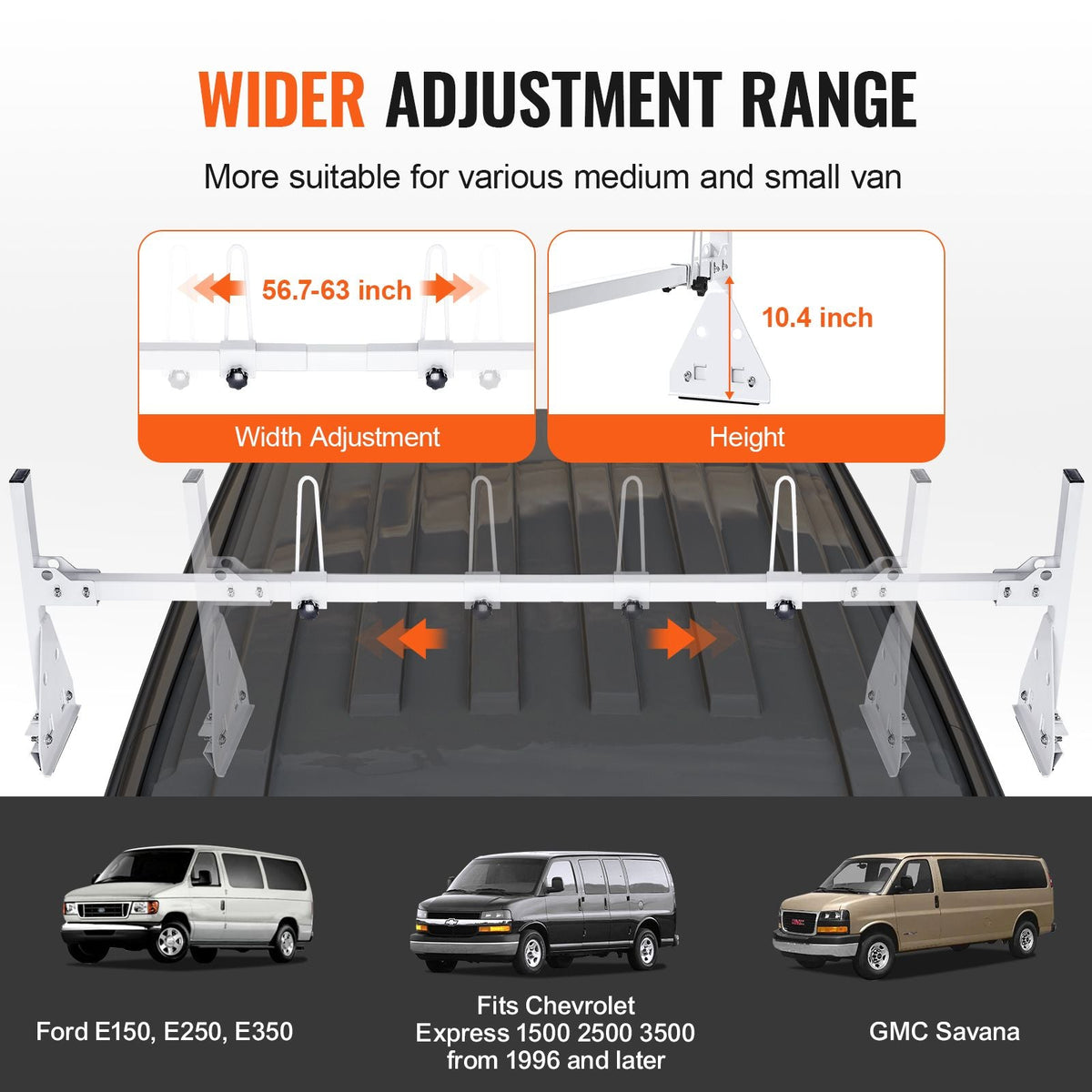 Trailer Ladder Rack, 59" Adjustable Roof Rack, 2 Crossbars Van Roof Ladder Rack, 600 lbs Capacity Steel Van Ladder Rack, Fit for Chevrolet Express 1500 2500 3500/ Ford E150 E250 E350/ GMC Savana