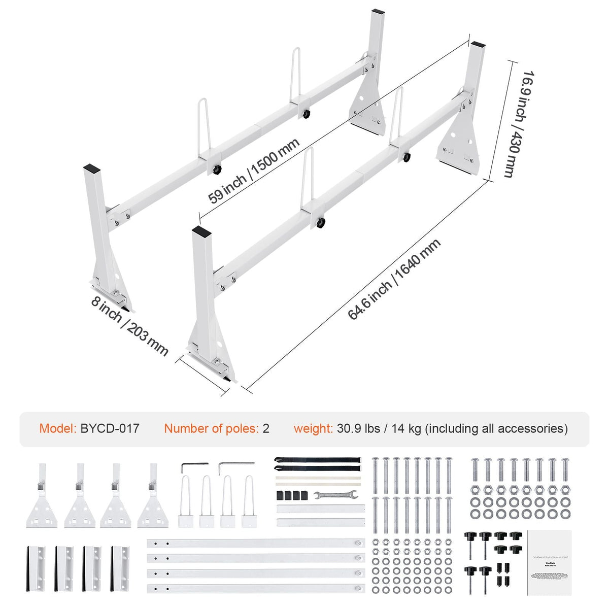 Trailer Ladder Rack, 59" Adjustable Roof Rack, 2 Crossbars Van Roof Ladder Rack, 600 lbs Capacity Steel Van Ladder Rack, Fit for Chevrolet Express 1500 2500 3500/ Ford E150 E250 E350/ GMC Savana