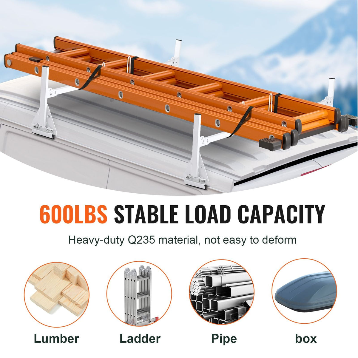 Trailer Ladder Rack, 59" Adjustable Roof Rack, 2 Crossbars Van Roof Ladder Rack, 600 lbs Capacity Steel Van Ladder Rack, Fit for Chevrolet Express 1500 2500 3500/ Ford E150 E250 E350/ GMC Savana
