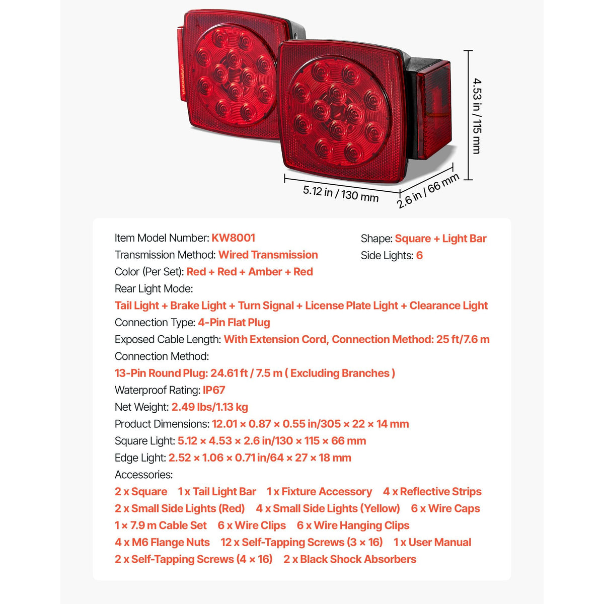 Trailer Lights, 12V LED Trailer Tail Lights Kit with Stop Brake Turn Tail License Plate Clearance Lamp, Waterproof Tow Lighting Kit with Wiring Harness for Boat Truck Camper RV Snowmobile Bus