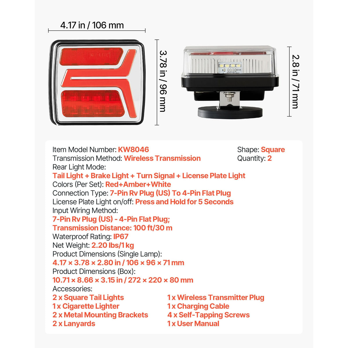 Trailer Lights, 2PCS 12V Square LED Magnetic Wireless Trailer Tail Lights Kit with Stop Brake Turn Tail License Plate Lamp, Waterproof Tow Lighting Kit for Boat Truck Camper RV Tractor Caravan